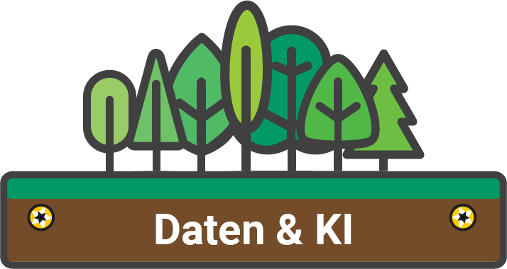 Seven different stylized green trees stand on a horizontal rectangle. The rectangle is green along the top and brown along the bottom, evoking grass upon earth. In the brown layer, there is a golden screw head on either side of the white text "Daten & KI"