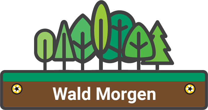 Seven different stylized green trees stand on a horizontal rectangle. The rectangle is green along the top and brown along the bottom, evoking grass upon earth. In the brown layer, there is a golden screw head on either side of the white text "Wald Morgen"