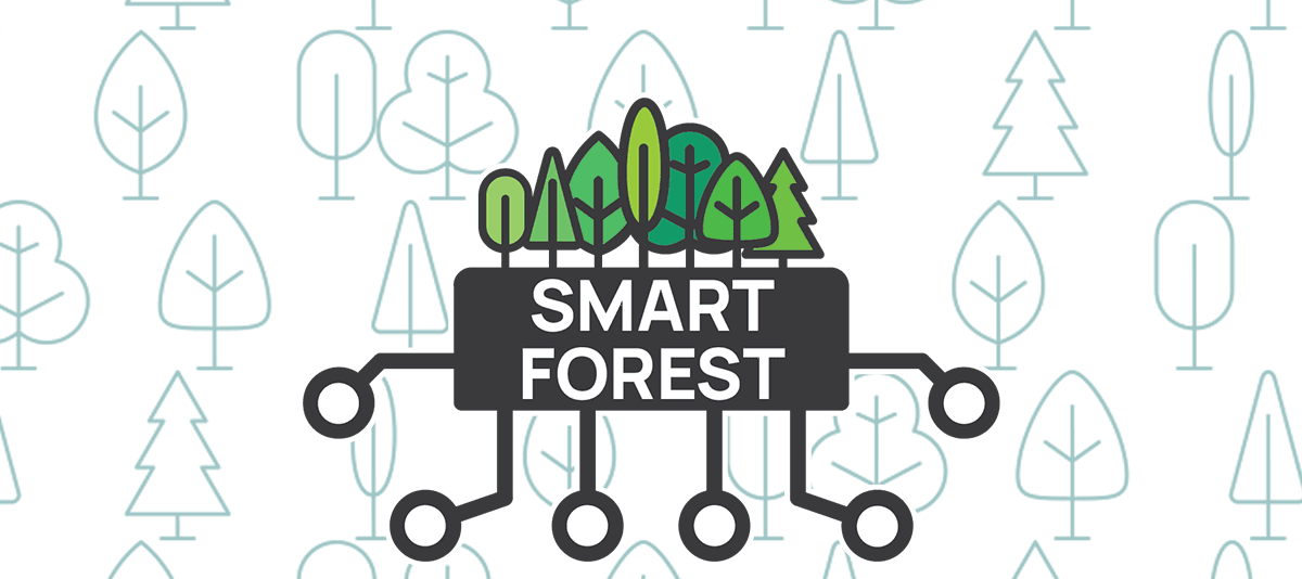 The SmartForest logo, consisting of seven different stylised green trees on a black block with the white text "SMART FOREST", from the bottom of which six symmetrical black and white connectors spring, is set against a white background populated with dark green tree outlines in the same style as the logo.